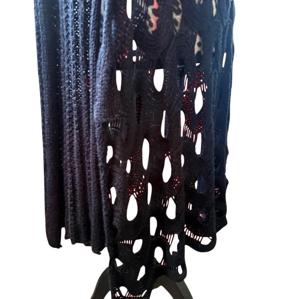 Black Open Knit Crochet Longline Sleeveless Cardigan Vest Medium